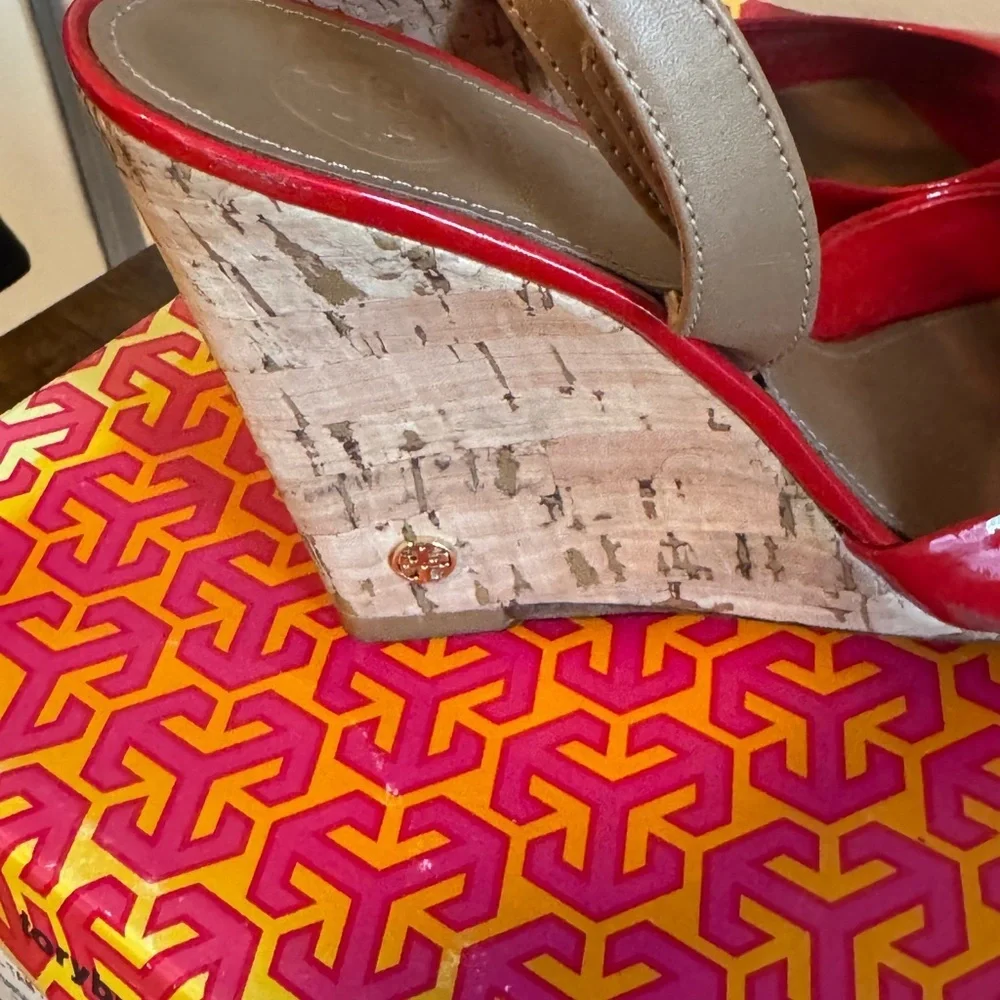 Tory Burch Red and Tan Peep-Toe Wedges Size 9